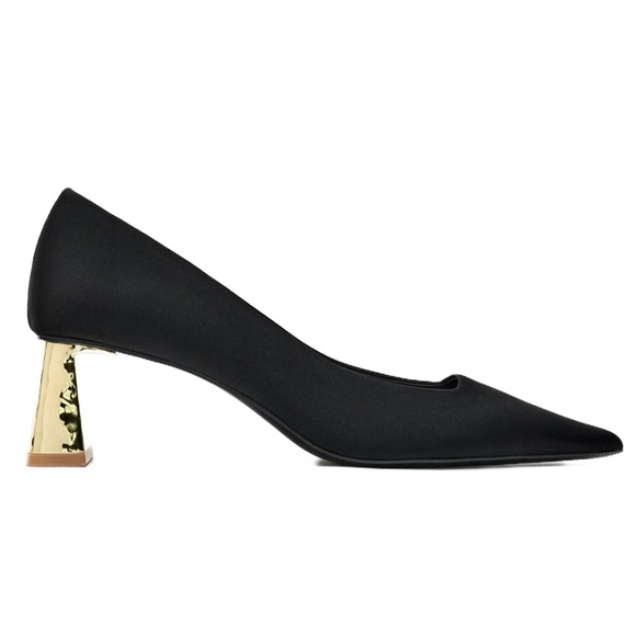 Zara Black Satin Heels With Metallic Gold Block Heel - Picture 2 of 11